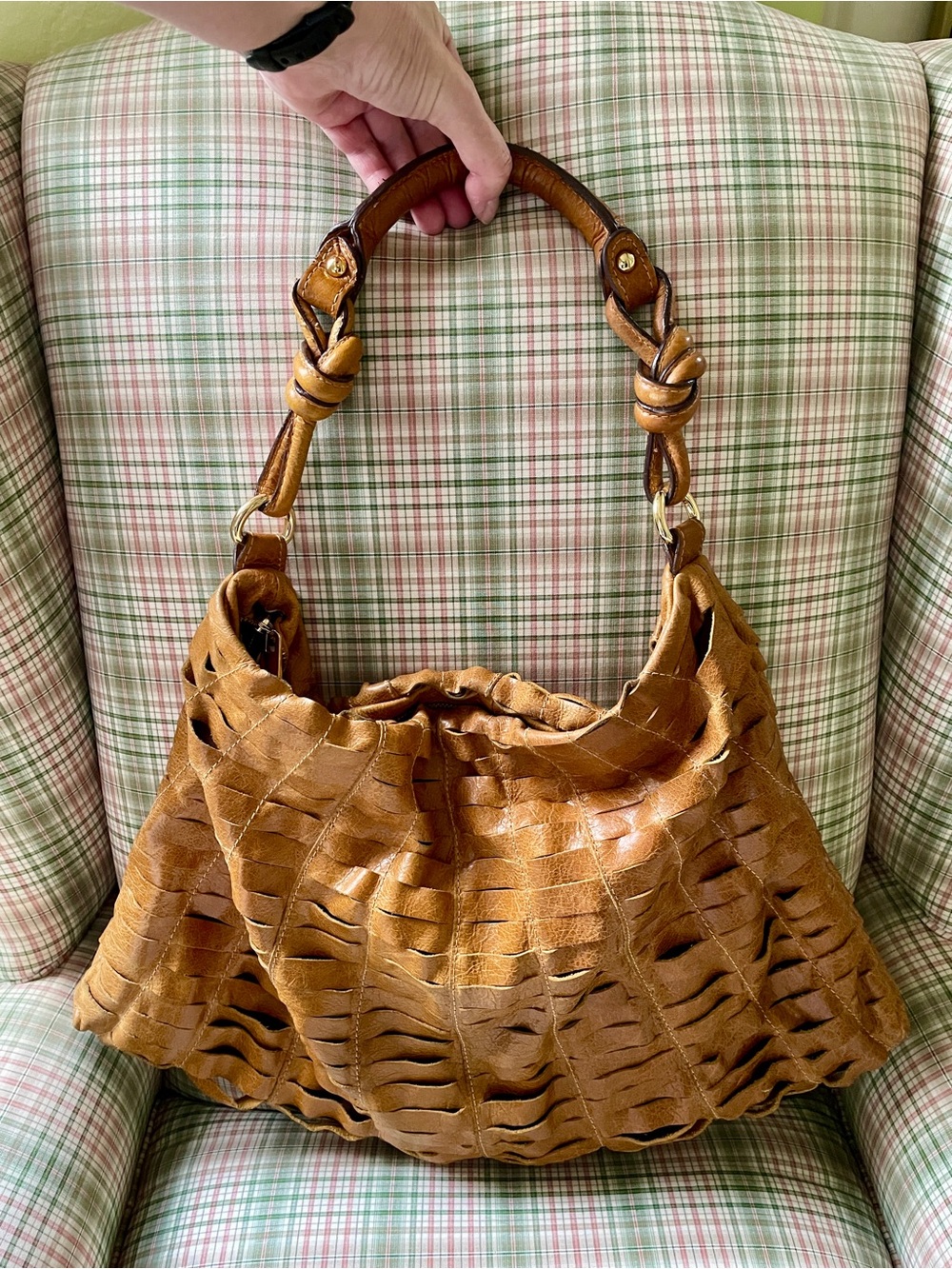 Steve Madden “Steven” Woven-Look Distressed Leather Hobo Bag in Cognac Brown